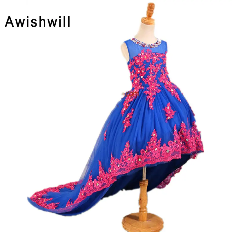 Ярко-голубые платья без рукавов с аппликацией тюлевые цветочные для девочек