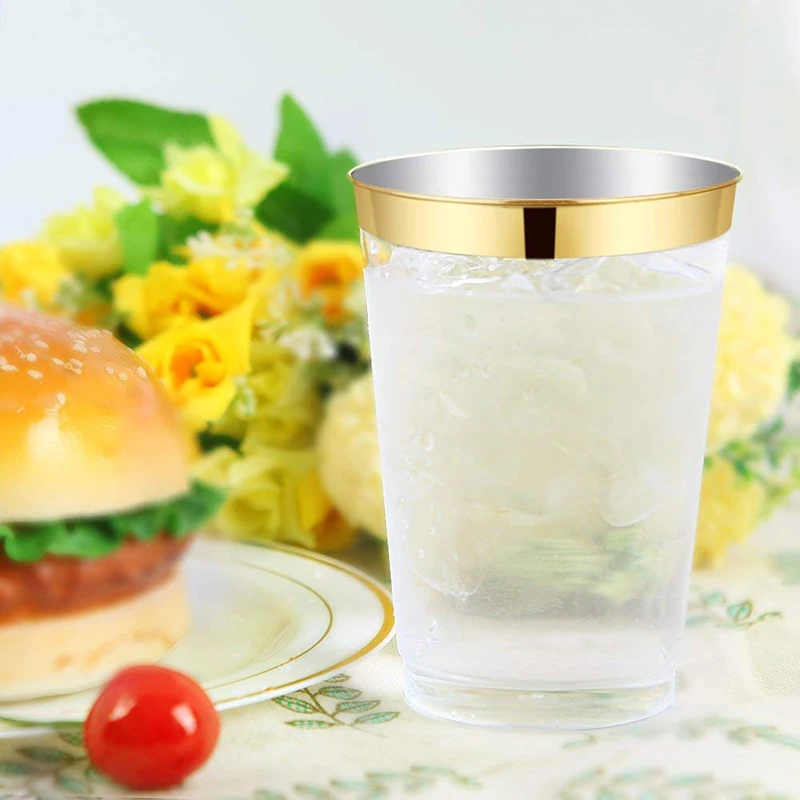 12 унций Золотые пластиковые Cups 25pc прозрачные чашки с золотым Ободом
