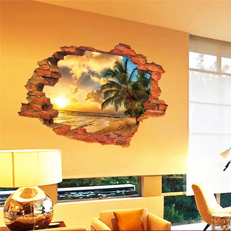 

sunset seashore coconut tree scenery through the wall stickers room decor 8024C. home decals pvc mural art mural posters 3.0