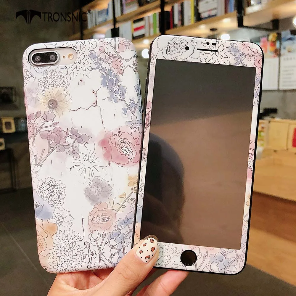 flower Чехол для телефона TRONSNIC с цветочным рисунком для iPhone X XS MAX XR, синяя розовая пленка из закаленного стекла для iPhone 6, 6 S, 7, 8 Plus, Роскошный Жесткий матовый чехол - Цвет: flower
