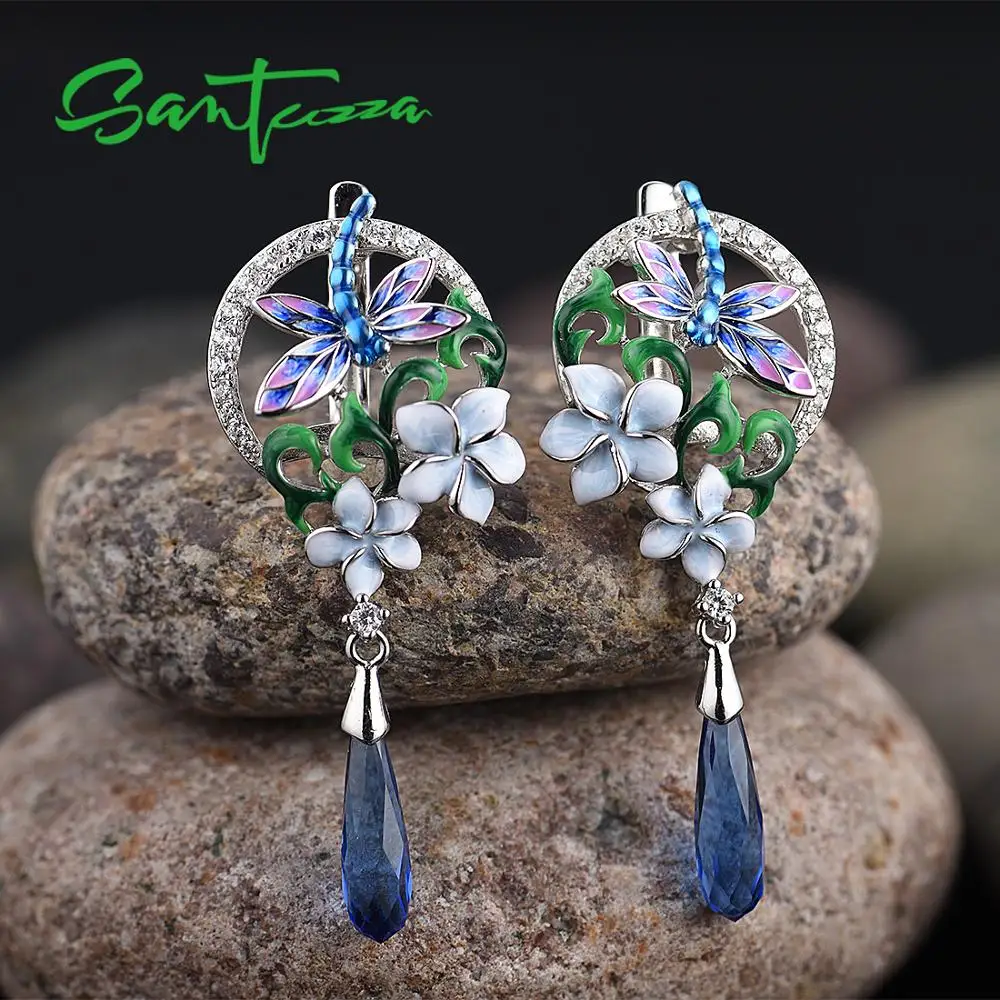 SANTUZZA, ювелирный набор, 925 пробы, серебро, для женщин, стрекоза, цветок, кольцо, серьги, кулон, набор, модное ювелирное изделие, ручная работа, эмаль