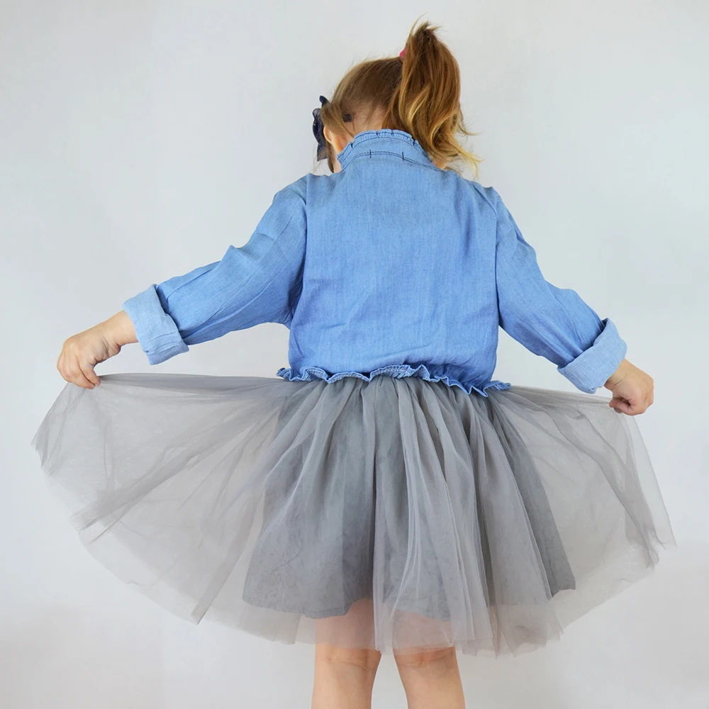 Girls Denim Dress 2019 Spring and Autumn New Long-sleeved Mesh Stitching Female Baby Princess Pettiskirt 2 3 4 5 6 7 | Детская одежда и