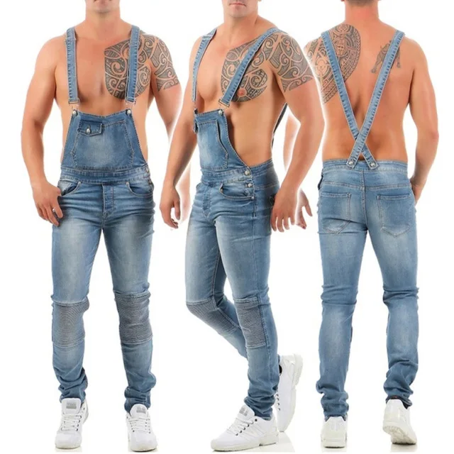 

Ripped Jeans Jumpsuit Men Autumn Summer Denim Slim Fit Rompers Fashion Male Pants Blue Washed Overalls Outfits Clothes 2021 New