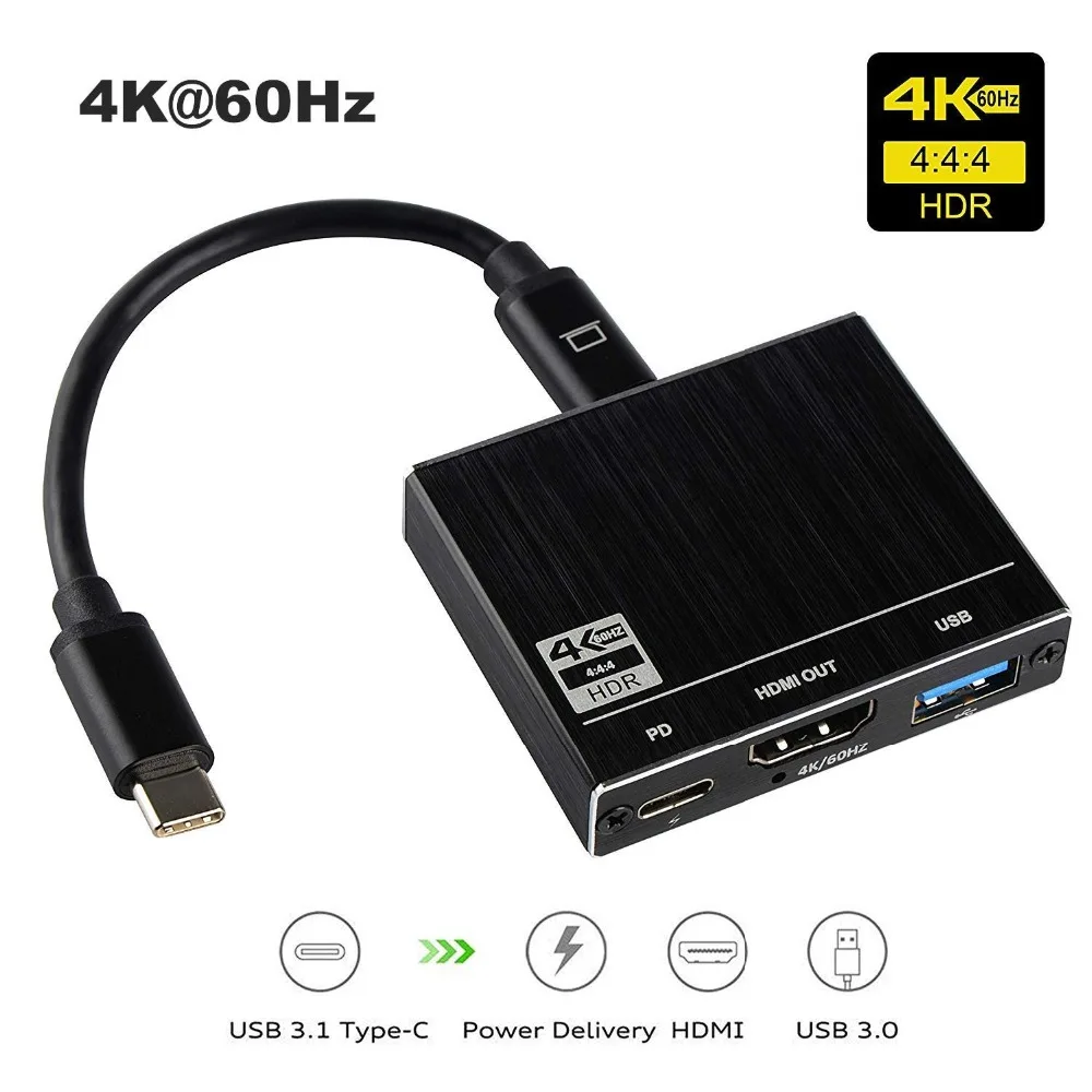 

NEW RT 3-IN-1 3 Type C To USB C USB 3.0 HUB Multiport Adapter HDMI 2.0 4K 60Hz USB 100W PD Charging Port For MacBook Pro