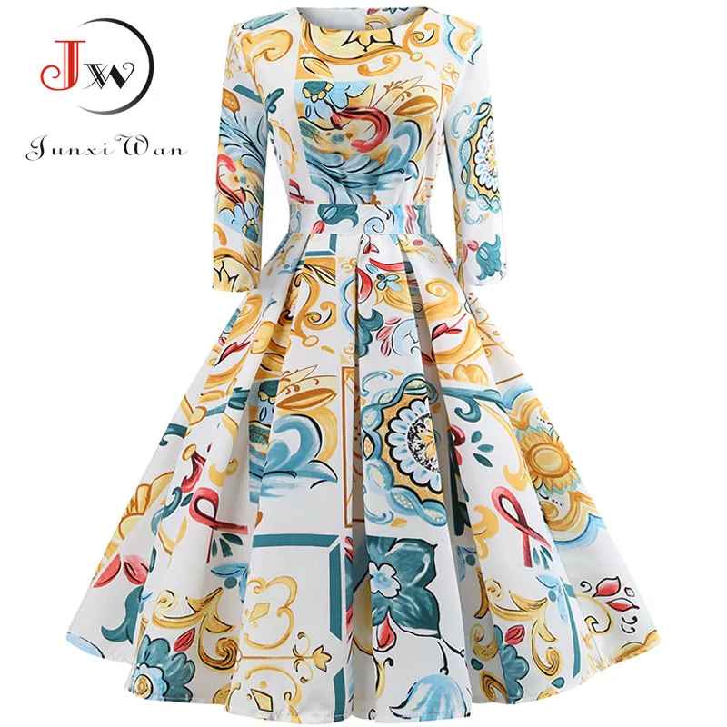 B001 half sleeve Винтажное рождественское платье с принтом, женское элегантное вечернее платье с рукавом-лепестком, одежда для девушек, повседневное зимнее платье миди размера плюс - Цвет: B001 half sleeve