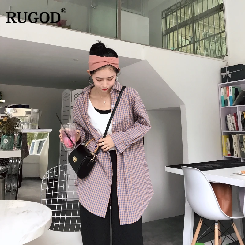 Женская длинная клетчатая рубашка RUGOD модная Повседневная с отложным воротником
