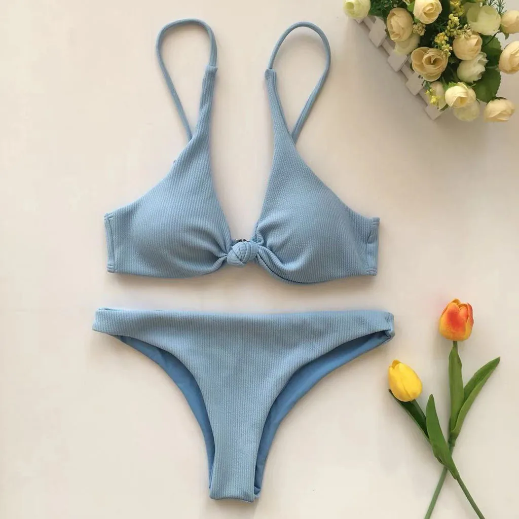 Bow Solid color bikini sexy Large V neckline High waist Briefs 2019 women Biquini multiple colour Push Up Swimwear high |