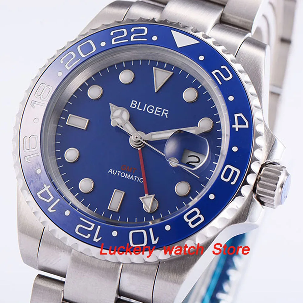 Bliger 40 мм синий циферблат светящийся стеклянный керамический ободок GMT
