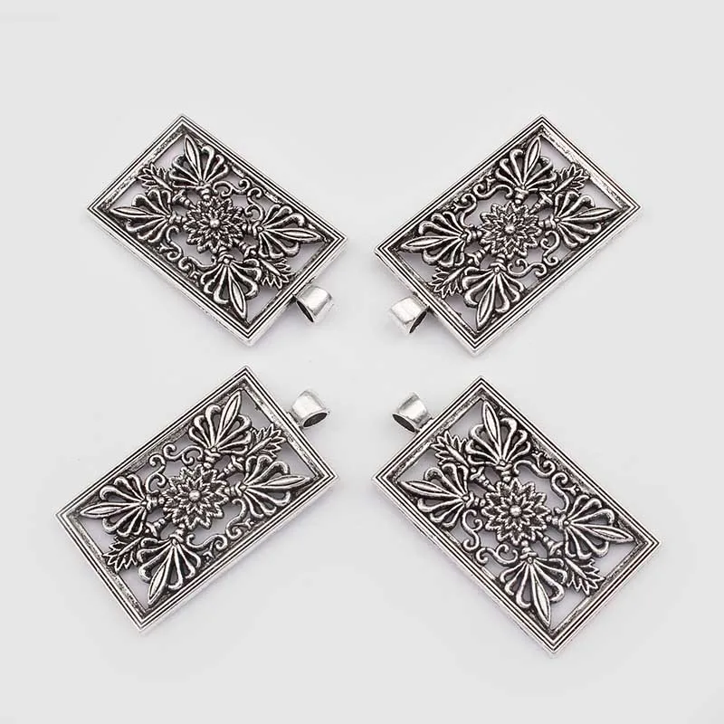 

4PCS Large Antique Hollow Flower Rectangle Charms Pendants for Necklace Jewelry Findings 50x28mm