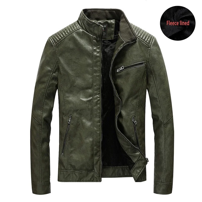 Army green Fleece Men Leather Jacket Men's Spring Autumn Casual PU Leather Jacket Coat Winter Thick Warm Motorcycle Outerwear Jackets Male Clothes - Цвет: Army green Fleece