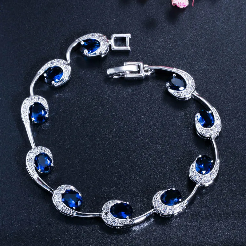blue CWWZircons Блестящий Овальный ярко-красный кубический цирконий камни элегантные женские теннисные браслеты Высокое качество женские ручной ювелирные изделия CB055 - Окраска металла: blue