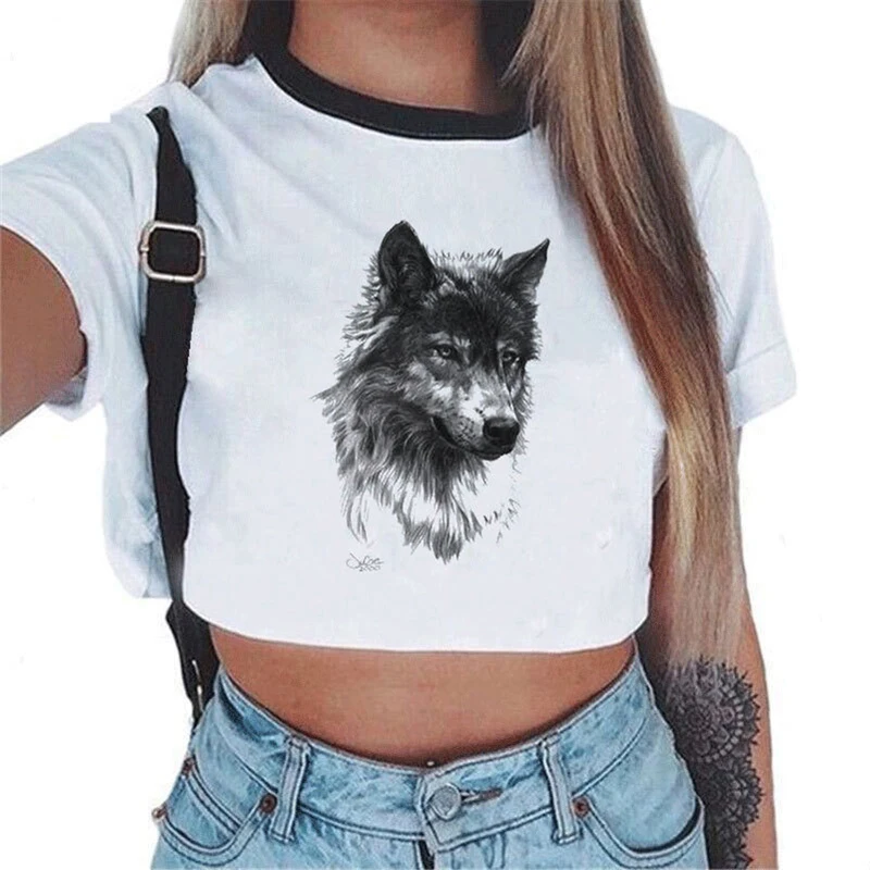 2018 New Hot Sale Woman Summer Fashion Wild Wolf Print Short Sleeve White T-shirt Europe And The United States Style Женская одежда