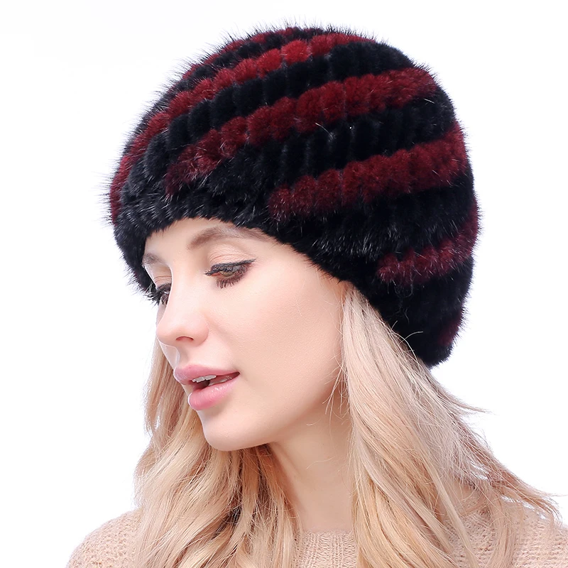 100% норковая меховая вязаная шапка с ананасом для девочек полосатая Повседневная