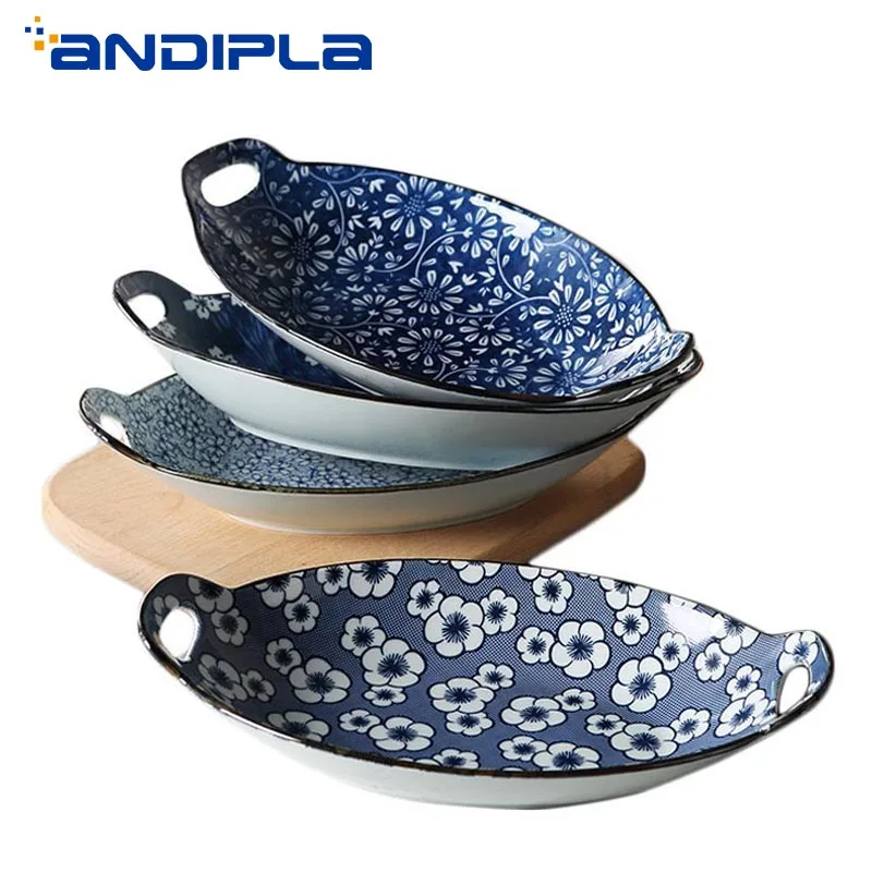 

Japanese Fish Plate Retro Ceramic Blue and White Porcelain Home Western Dinner Plates Baking Tray Kitchen Tableware Accessories