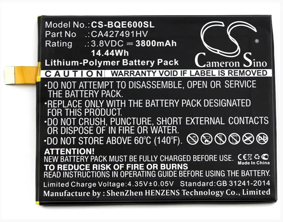 Аккумулятор Cameron Sino 3800mAh для мобильного телефона BQ Aquaris E6 CA427491HV аккумулятор