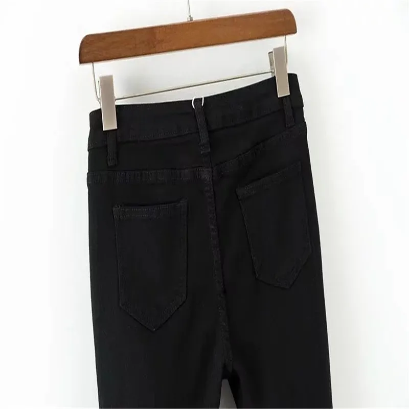 New Bursting Women's Jean High Waist Lace Elastic Black Denim with Hole Woman Trousers Long Pants Female Clothing |