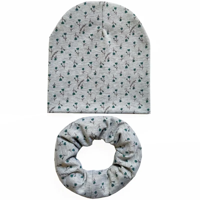 light grey sapling Новая весенняя хлопковая детская шапка, цветочный принт со звездой, набор из шапки и шарфа для девочек и мальчиков, детская вязаная шапка для малышей, шапки на осень и зиму, детская шапка - Цвет: light grey sapling