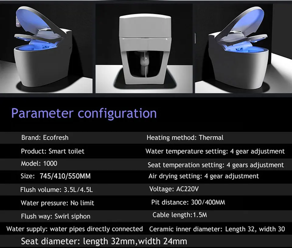 EcoFresh Смарт Туалет интегрированный Автоматический мгновенный вода интеллектуальная крышка туалета мыть сухой массаж дистанционное управление