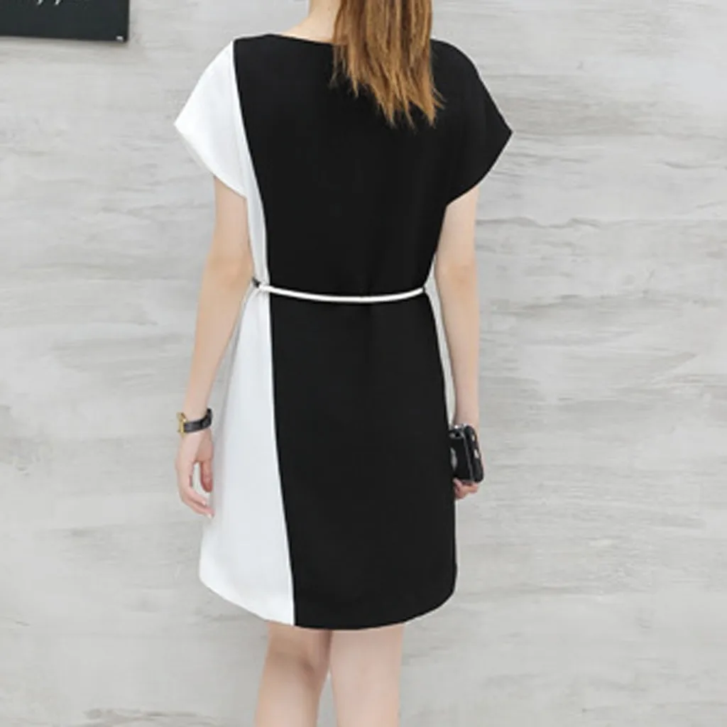 Женское Деловое платье с отстрочкой элегантное до колена о-вырезом и коротким
