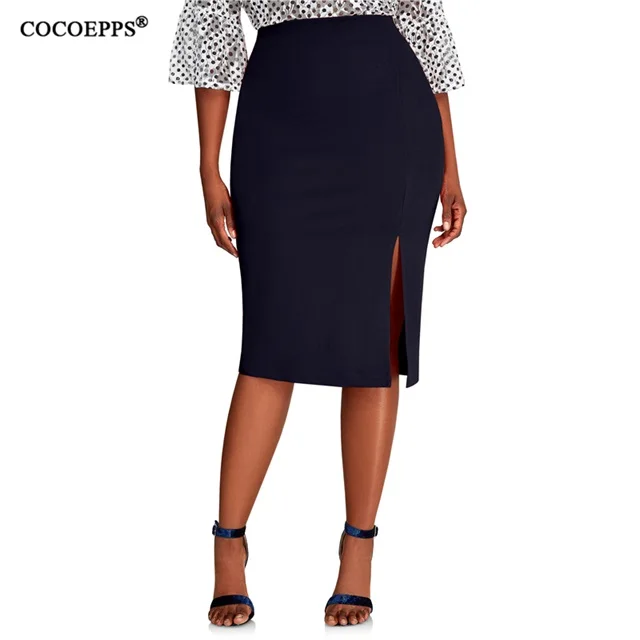 COCOEPPS, плюс размер, высокая талия, Женская юбка, повседневная, 5XL, большой размер, облегающая юбка-карандаш, офисная, с разрезом, элегантная, для работы, OL, юбки 6XL - Цвет: Navy Blue