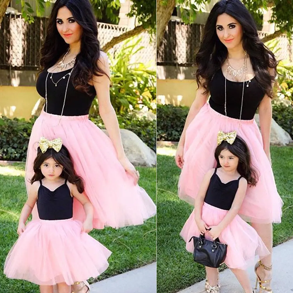 Новинка 2018 Брендовое летнее Сетчатое платье без рукавов для мамы и дочки