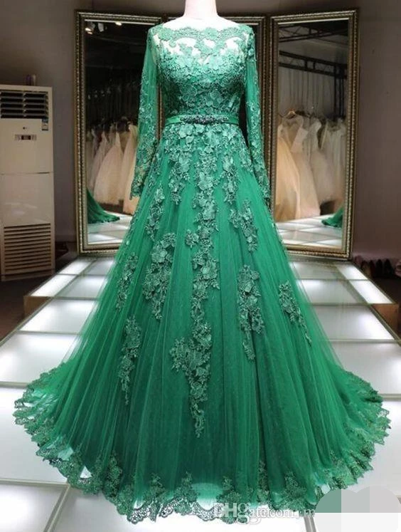 Женское вечернее платье с длинным рукавом robe de soiree зеленое кружевной аппликацией