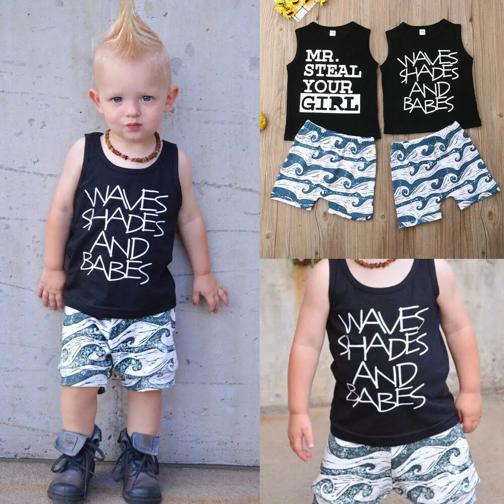 70-100 New Born Baby Clothes 2pcs Set Black Letter Print Tshirt For Boys White Wave Shorts Pants Newborn | Детская одежда и обувь