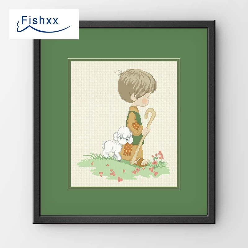 

European style hanging pastoral style cartoon characters Fishxx Cross Stitch Kit H095 Shepherd boy ivory white cloth