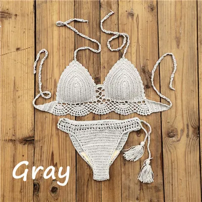 gray 10 цветов, ручная вязка, женская одежда для плавания, сексуальный укороченный топ, пуш-ап, комплект бикини, пляжный купальник, костюм с кисточками, Шорты для плавания - Цвет: gray