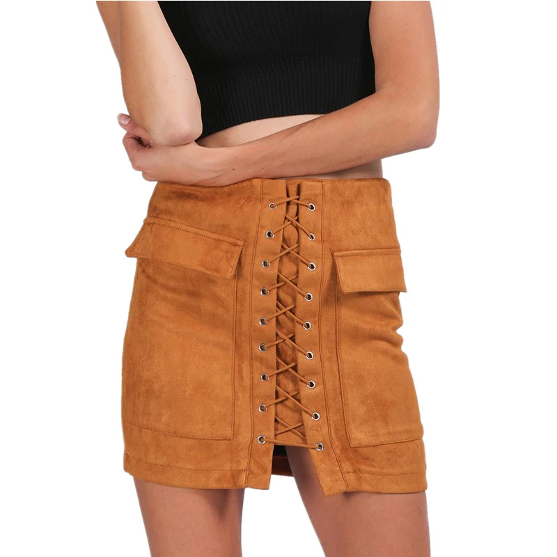 2016 Autumn Winter New Elegant Sexy 90's Vintage Bodycon Suede Leather Pocket Lace Up High Waisted Women Mini Short Pencil Skirt | Женская
