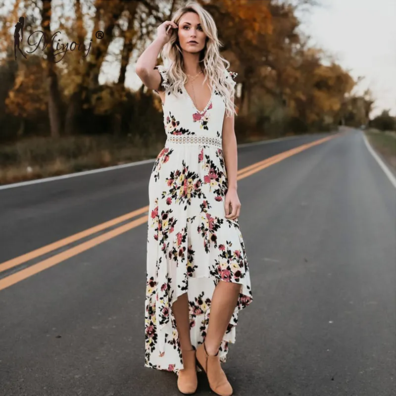 

Miyouj 2018 Women Long Maxi Floral Dresses Sexy V-neck kaftan Beach Dress Ladies Ruffle Bikini Cover Up Bathing Suit Beachwear