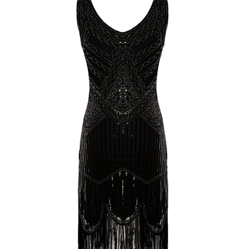 Black Gatsby 1920s Хлопушка платье для женщин V образным вырезом Коктейльные Вечерние платья Винтаж блесток бахрома высокого класса одежда для банкета современный танец платье - Цвет: Black