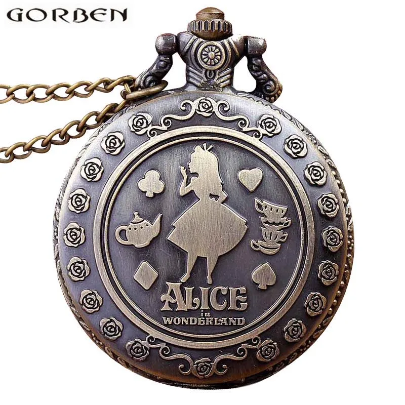 

Retro Anime Alice In Wonderland Pocket Watch Necklace For Women Men Vintage Bronze Flip Quartz Fob Antique Clock Chain Pendant