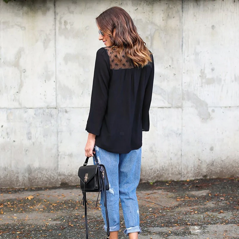 2019 популярные женские блузы с кружевной строчкой свободные рубашки вырезом