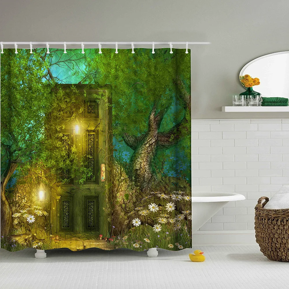 Психоделическая лесная занавеска для душа винтажная деревянная дверь ванная