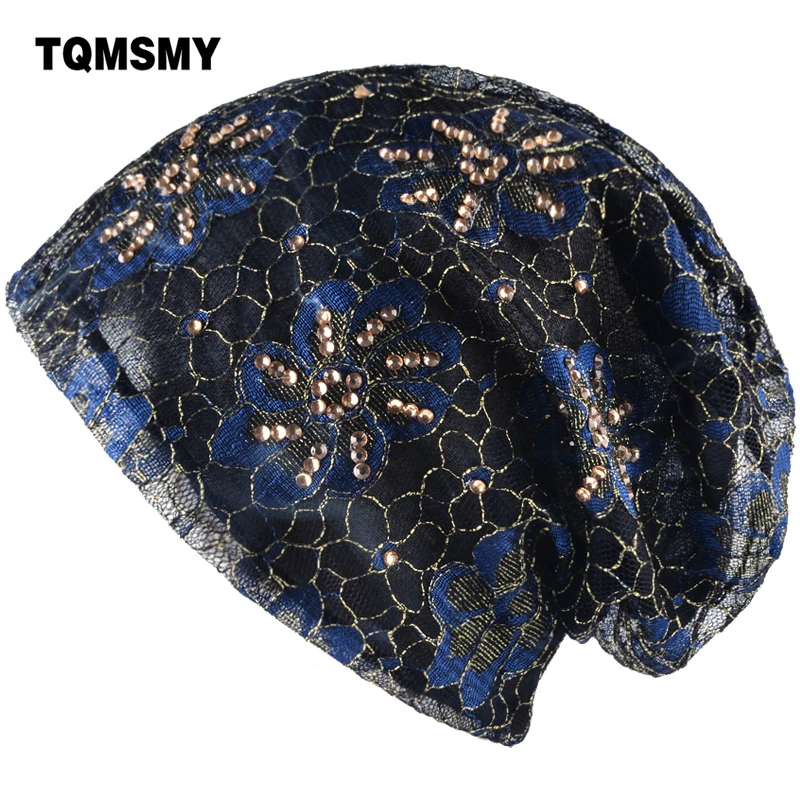 

TQMSMY spring and autumn floral beanies Women rhinestone design lace flower hats ladies Cap woman casual beanie gorros cap TMS75