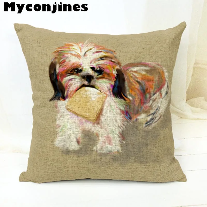 Милая мультяшная собачка, картина маслом, Shih Tzu, Наволочка на подушку, 17 дюймов, льняная декоративная домашняя подушка для сиденья автомобиля, осенняя подушка для леса
