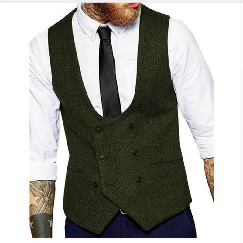Мужской Тонкий деловой коричневый жилет из шерсти шампанского твидовый костюм с
