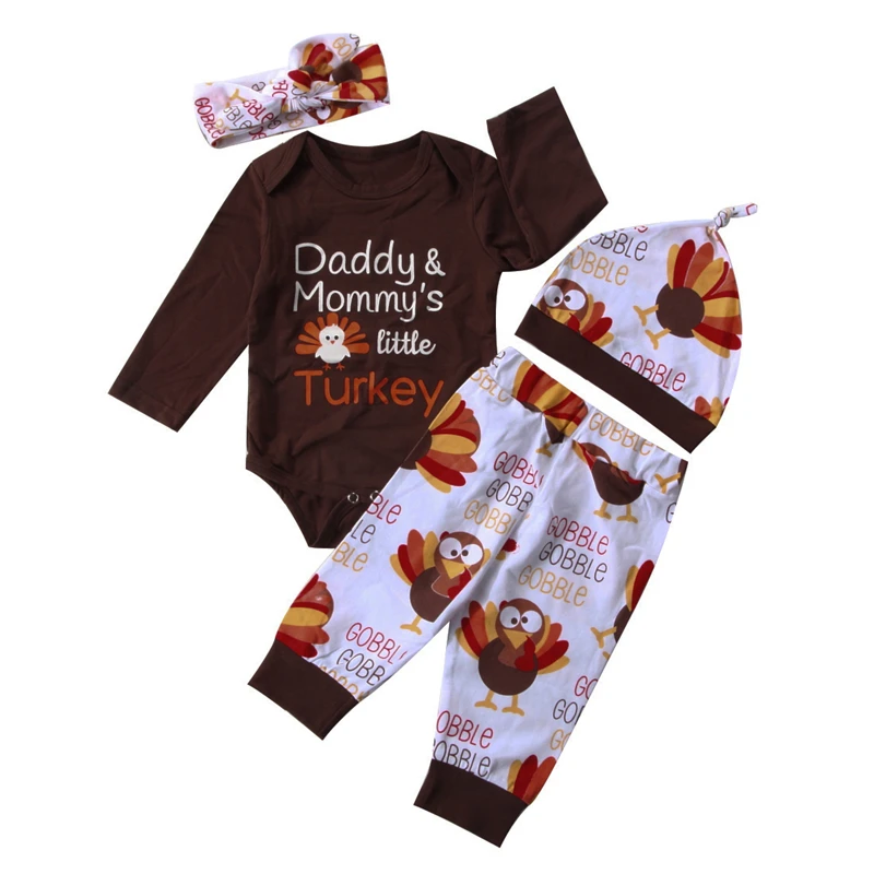 Thanksgiving Baby Unisex Clothes Set Newborn Boy Girl Fall Outfit 2017 New Bebes Tops Romper Pants Hat Headband | Детская одежда и