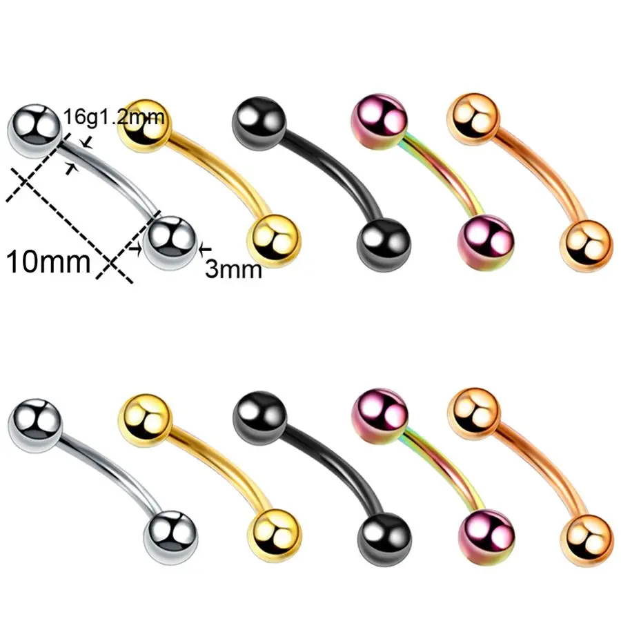 Eyebrow Ball 10mm 10 шт./партия, стальной сегмент, кольцо, смешанные цвета, нос, губы, брови, язык, Спиральные серьги, кольца, неполные кольца с шариками, пирсинг тела, ювелирные изделия 16 г - Окраска металла: Eyebrow Ball 10mm
