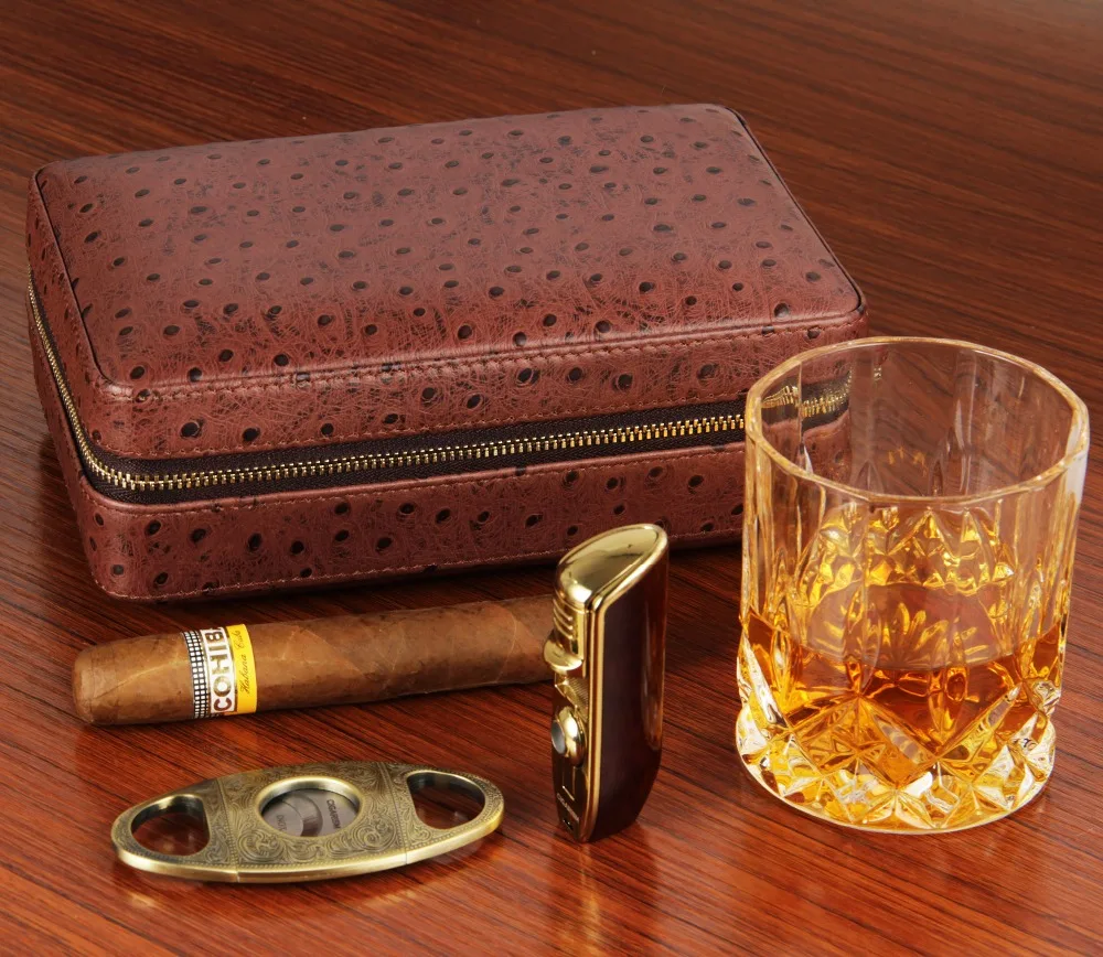 Cigarism 4 Количество узор кожи страуса кедра сигары Футляр хьюмидор Зажигалка Cutter Set