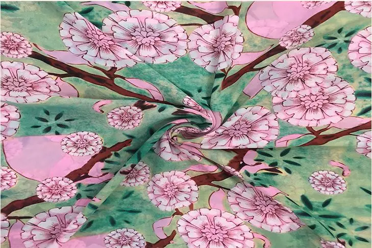 HLQON European style pink flower chiffon satin fabric For fashion wedding dress dolls Bedding Textile upholstery by yard | Дом и сад