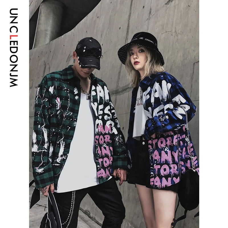 UNCLEDONJM хип-хоп клетчатые рубашки с длинными рукавами и граффити уличная Мужская