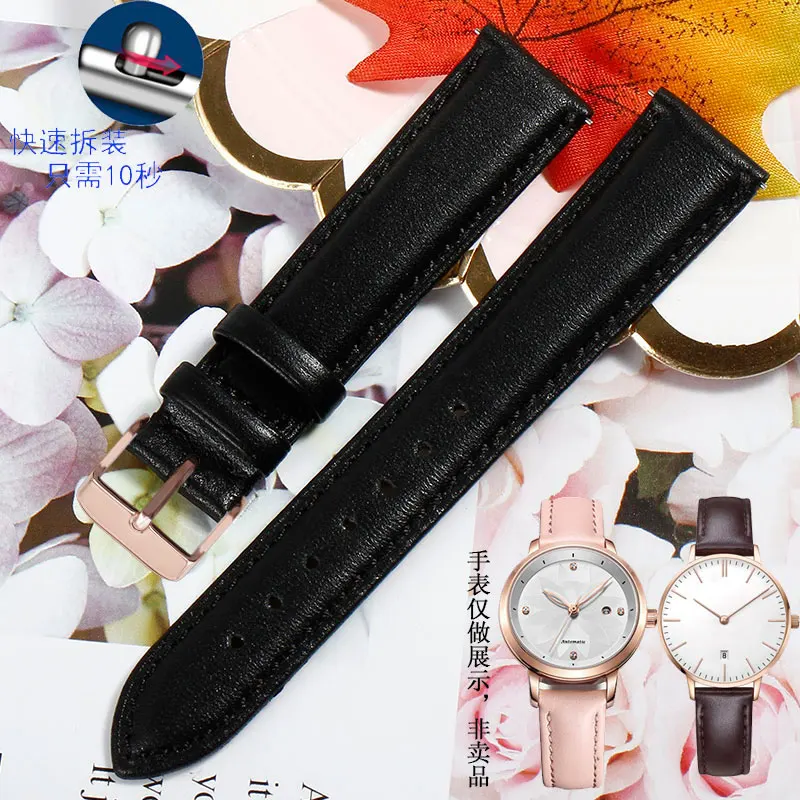 Black-Rose gold Черный, серый, синий ремешок из натуральной кожи для женщин 12, 14, 16, 18, 20 мм из воловьей кожи для наручных часов Ремешок кожаный ремешок - Цвет ремешка: Black-Rose gold