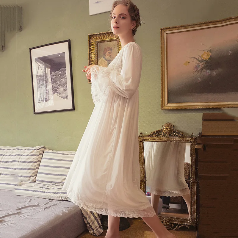 Модные весенние Хлопковые женские ночные рубашки свободные белые кружевные
