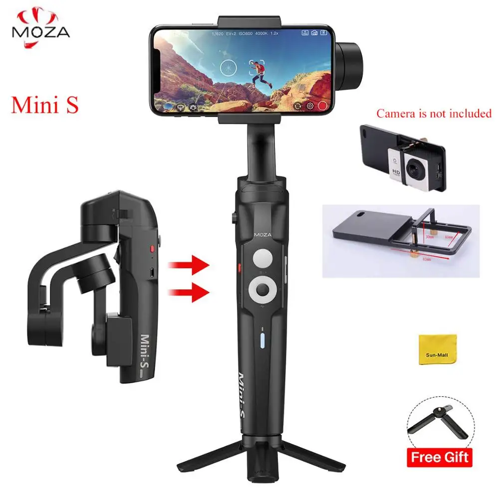 with Gopro Adapter Moza Mini-S 3-осевой и портативный монопод с шарнирным замком стабилизатор, складная конструкция, 260 г Полезная нагрузка, нажатием одной кнопки с переменным фокусным расстоянием, фокус Управление, воспроизведение, Hyper-промежуток - Цвет: with Gopro Adapter