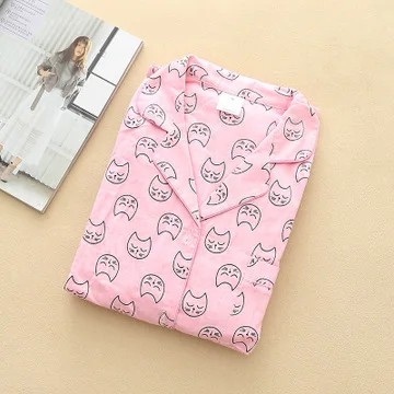 QWEEK,, Kawaii, Мультяшные пижамы, для женщин,, матовый хлопок, пижамы, милый Ночной костюм, длинный рукав, одежда для сна, повседневная, домашняя одежда - Цвет: Pink Cat