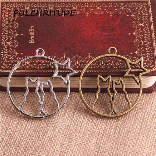 PULCHRITUDE 6 шт./лот металла и цинка, три Цвета с милым котом очаровательное звезды кулон заготовка с плоской гранью "сделай сам" для изготовления ювелирных изделий, c2111 - Окраска металла: bronze and silver
