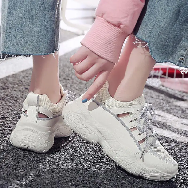 Ажурная женская обувь Sneakerss новинка 2019 года летняя в Корейском стиле на толстой