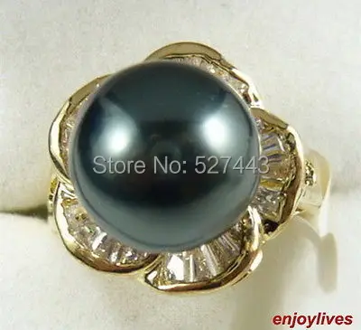 

Оптовая продажа, Бесплатная доставка, кольцо с черным жемчугом из ракушек в Южном море, 18KGP, кольцо с кристаллом и цветком, размер: 789